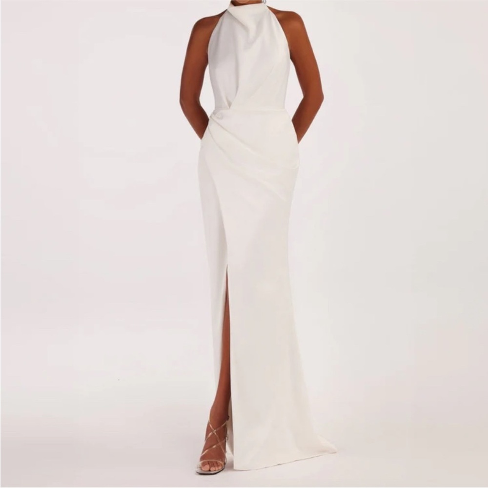 Milla White Mock neck sleeveless low slit dress